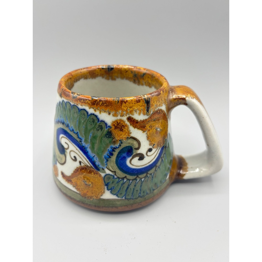 Vintage Tonala El Palomar Ken Edwards hand painted stoneware Mug feather/swirl
